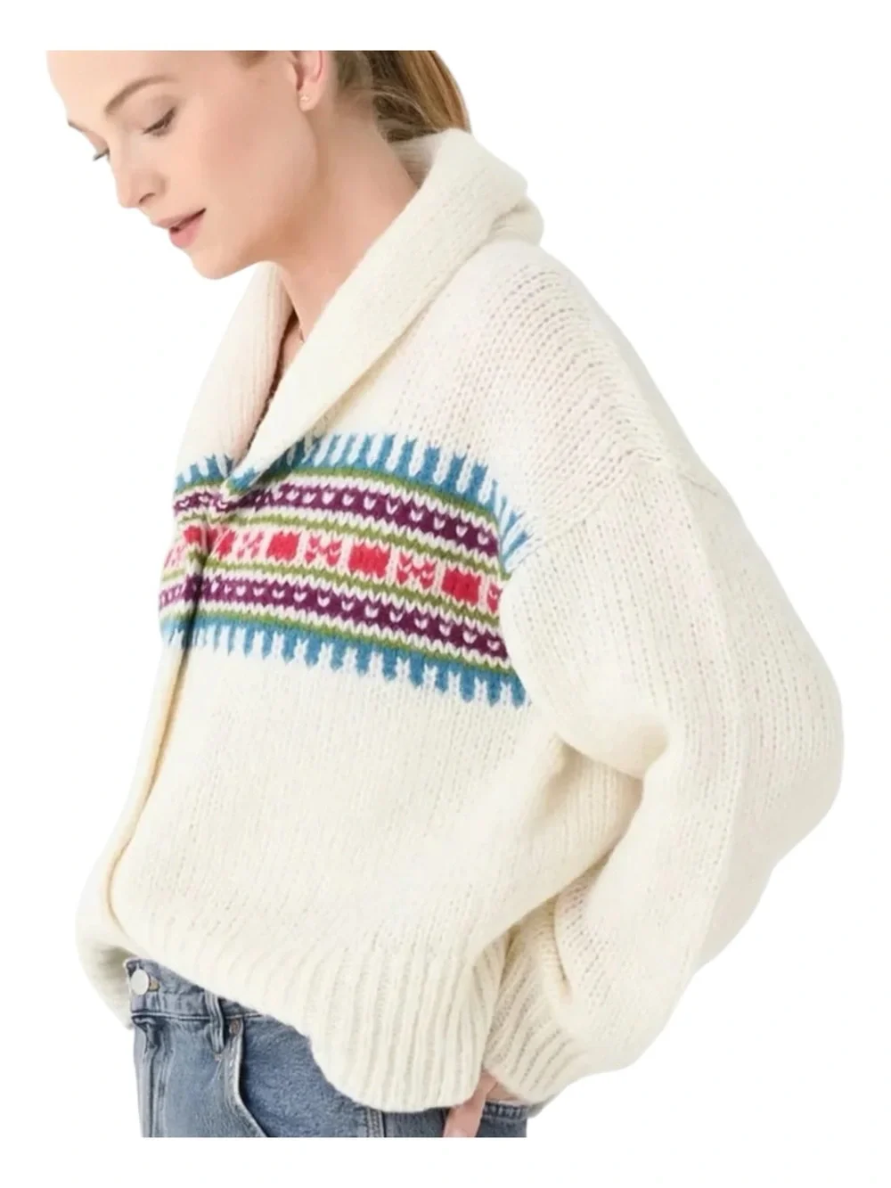 XIRENA Waylon Shawl Collar Fair Isle Alpaca Cardigan Ivory Small - Picture 12 of 12